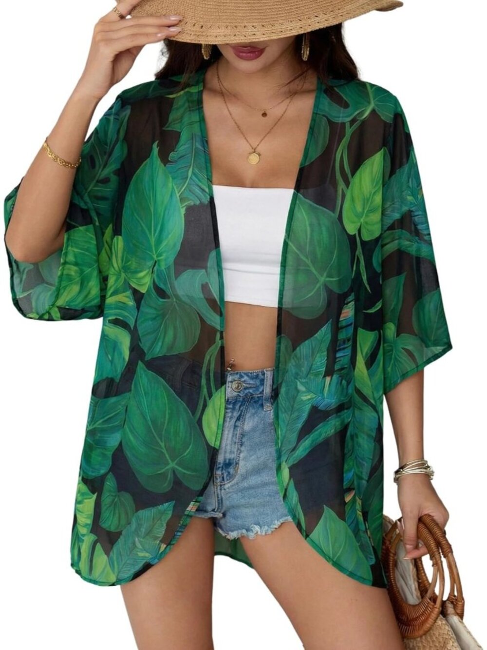 Women's Monster Leaf Chiffon Kimono Cardigan Open Front Blouse Swimwear Cover Up